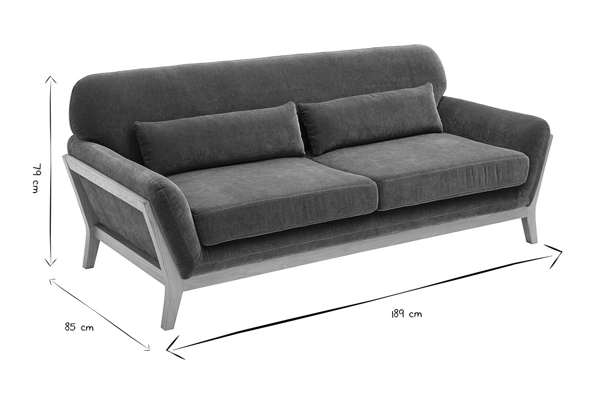 Dimensiones del sof� escandinavo de 3 plazas YOKO en blanco y negro, L189 x P85 x H79 cm.