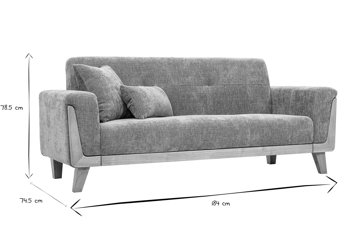 Dimensiones del sof� escandinavo de 3 plazas FJORD en negro y blanco, L184 x P74.5 x H78.5 cm.