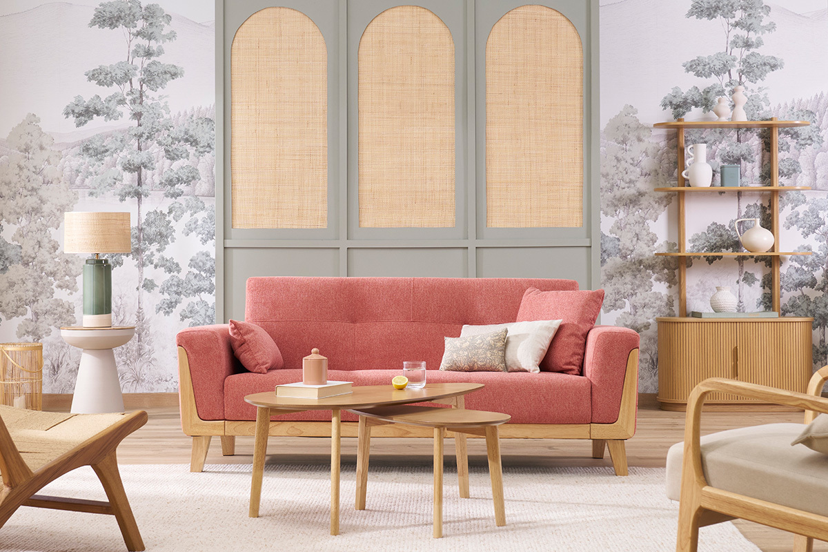 Sof� escandinavo de 3 plazas en tela efecto terciopelo texturizado topo y madera clara FJORD