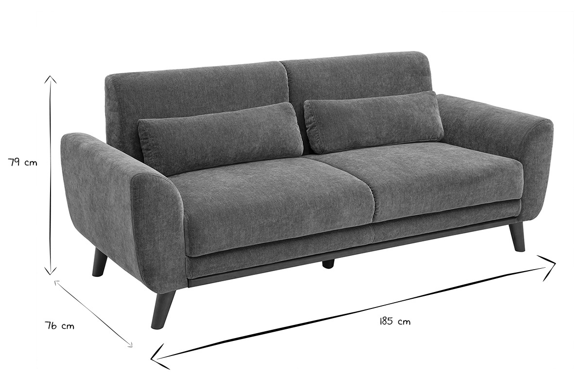 Sof� escandinavo de 3 plazas EKTOR con dimensiones indicadas en blanco y negro: 185 cm, 76 cm, 79 cm.