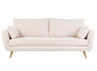 Sofá escandinavo de 3 plazas en terciopelo acanalado color crema y madera clara CREEP
