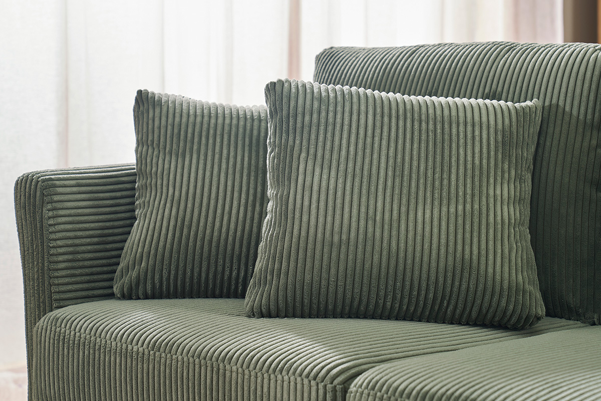 Sof� escandinavo desenfundable de 2 plazas en terciopelo acanalado verde caqui y madera clara OSLO