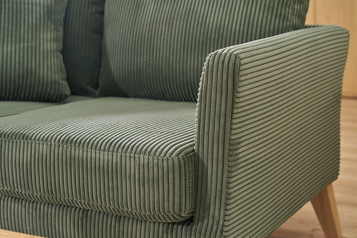 Sof� escandinavo desenfundable de 2 plazas en terciopelo acanalado verde caqui y madera clara OSLO