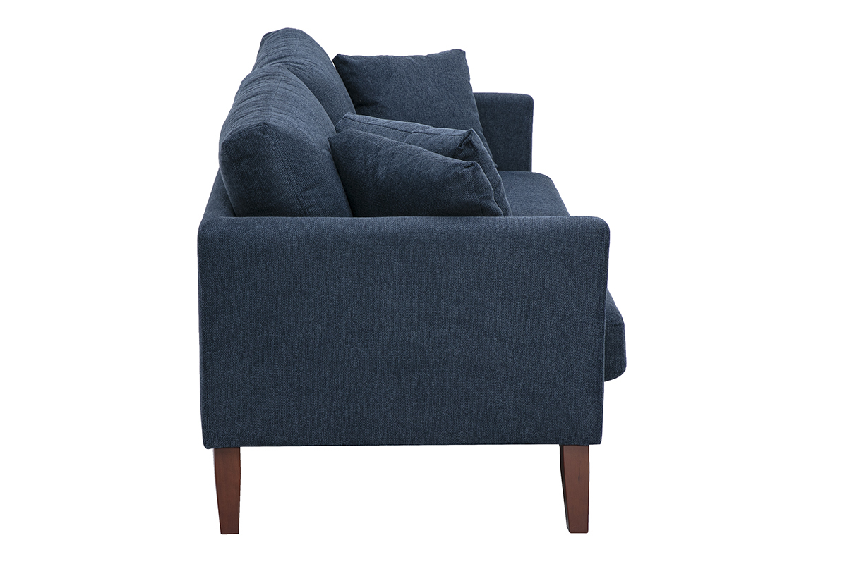 Sof� escandinavo de 3 plazas azul oscuro, vista de perfil, tejido con efecto terciopelo texturizado y patas de madera oscura.