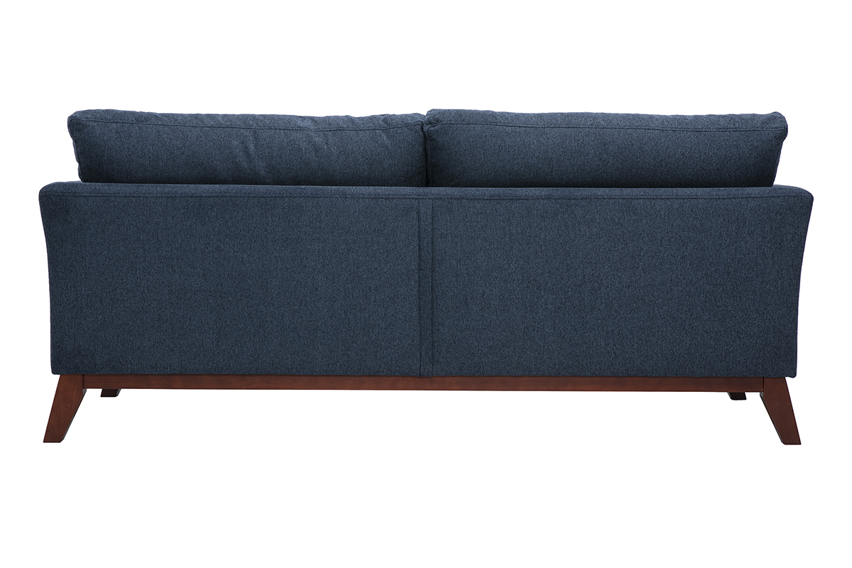 Sof� escandinavo desenfundable de 3 plazas en tejido azul oscuro visto por detr�s, patas de madera oscura.
