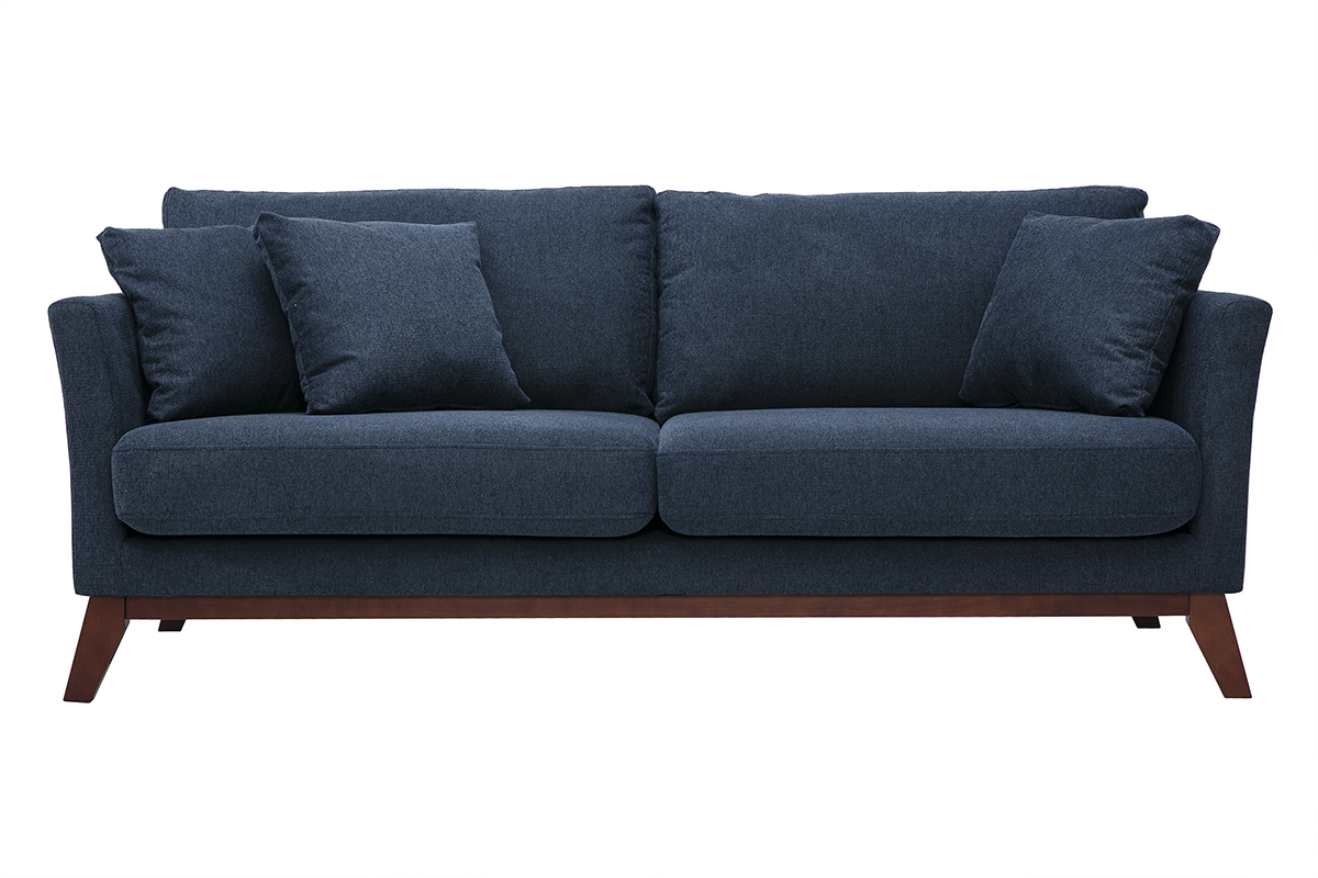 Sof� escandinavo desenfundable de 3 plazas en tela con efecto terciopelo texturizado azul oscuro, vista frontal.