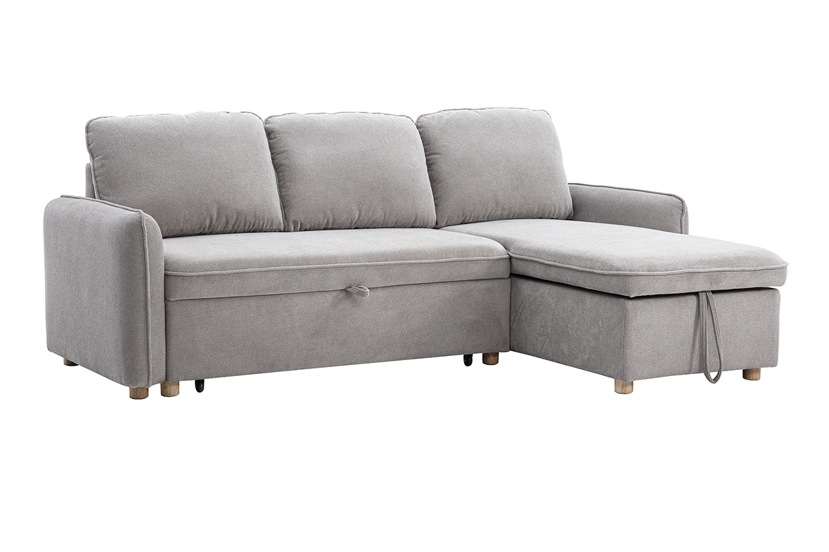Sof� esquinero convertible reversible con arc�n 3 plazas en tejido chenilla gris y madera clara ORSO