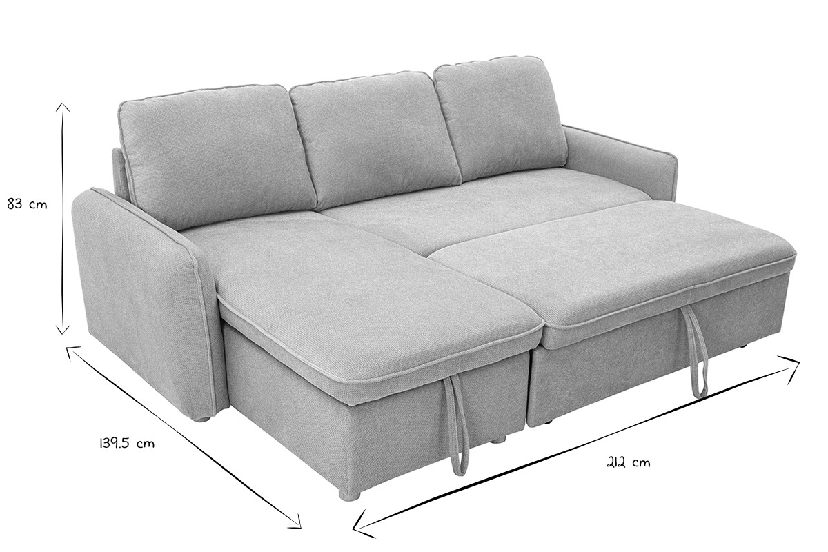 Sof� esquinero convertible reversible con arc�n 3 plazas en tejido chenilla gris y madera clara ORSO