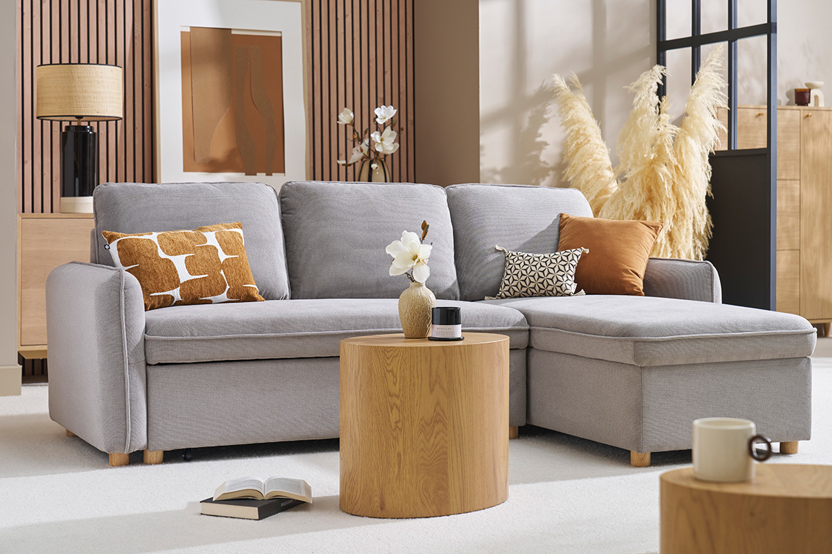 Sof� esquinero convertible reversible con arc�n 3 plazas en tejido chenilla gris y madera clara ORSO