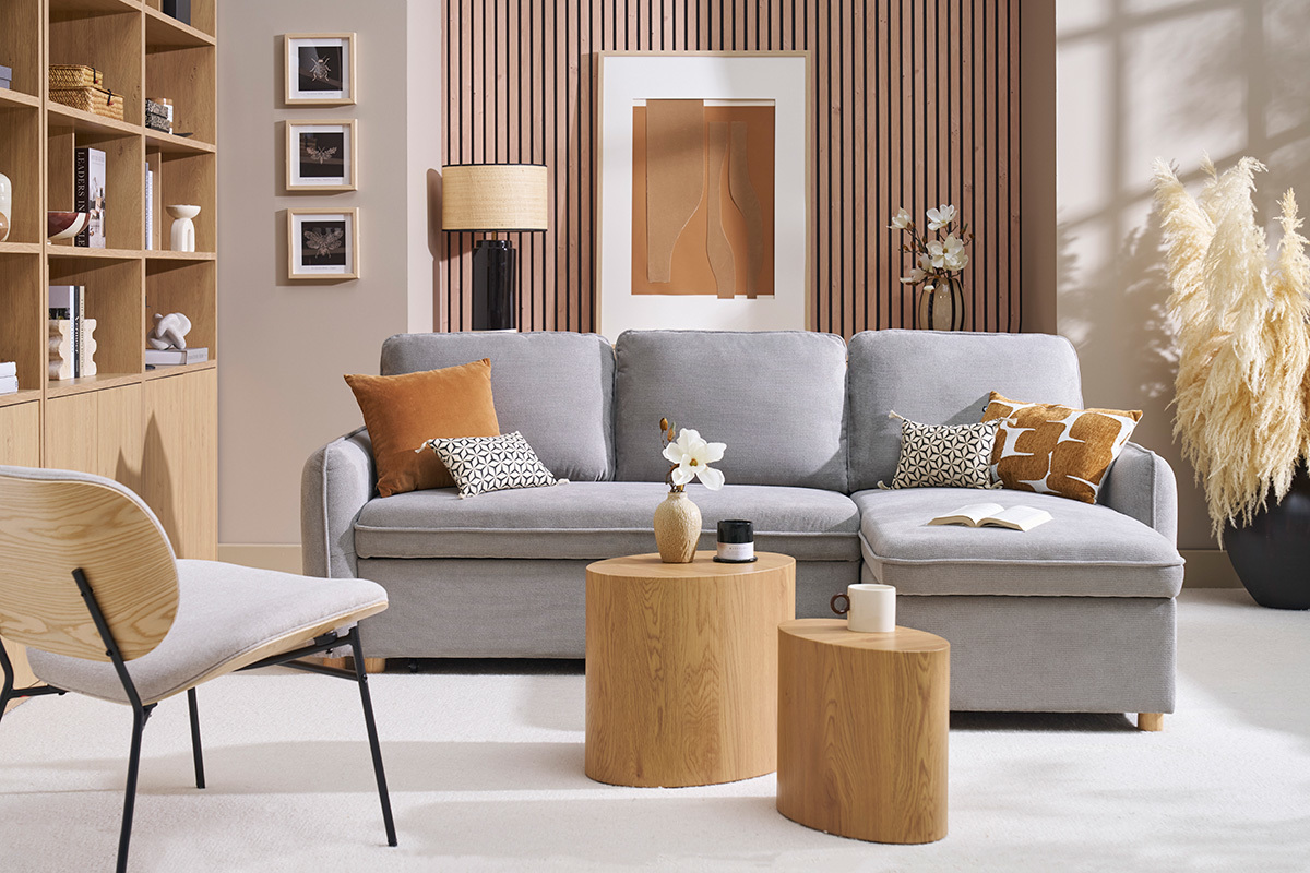 Sof� esquinero convertible reversible con arc�n 3 plazas en tejido chenilla gris y madera clara ORSO