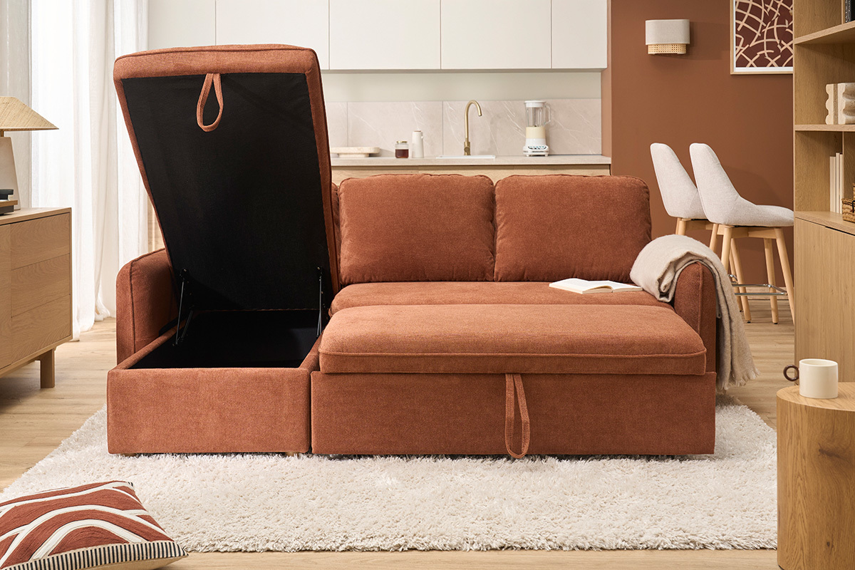 Sof� esquinero convertible reversible con arc�n 3 plazas en tejido chenilla tierra quemada y madera clara ORSO