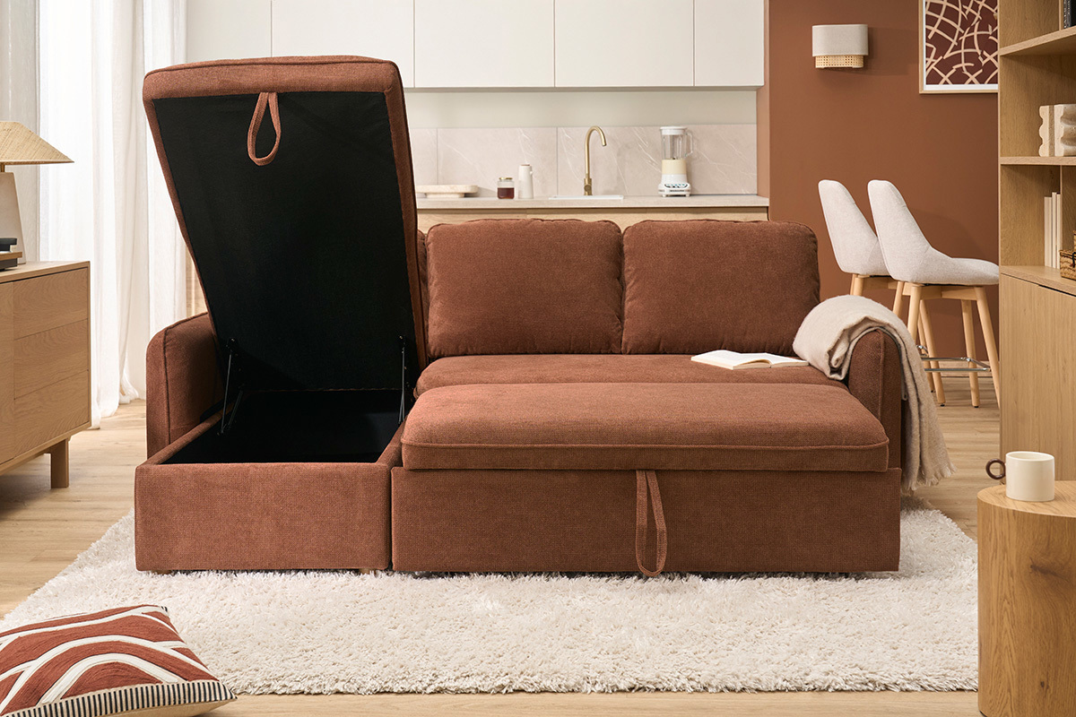 Sof� esquinero convertible reversible con arc�n 3 plazas en tejido chenilla tierra quemada y madera clara ORSO