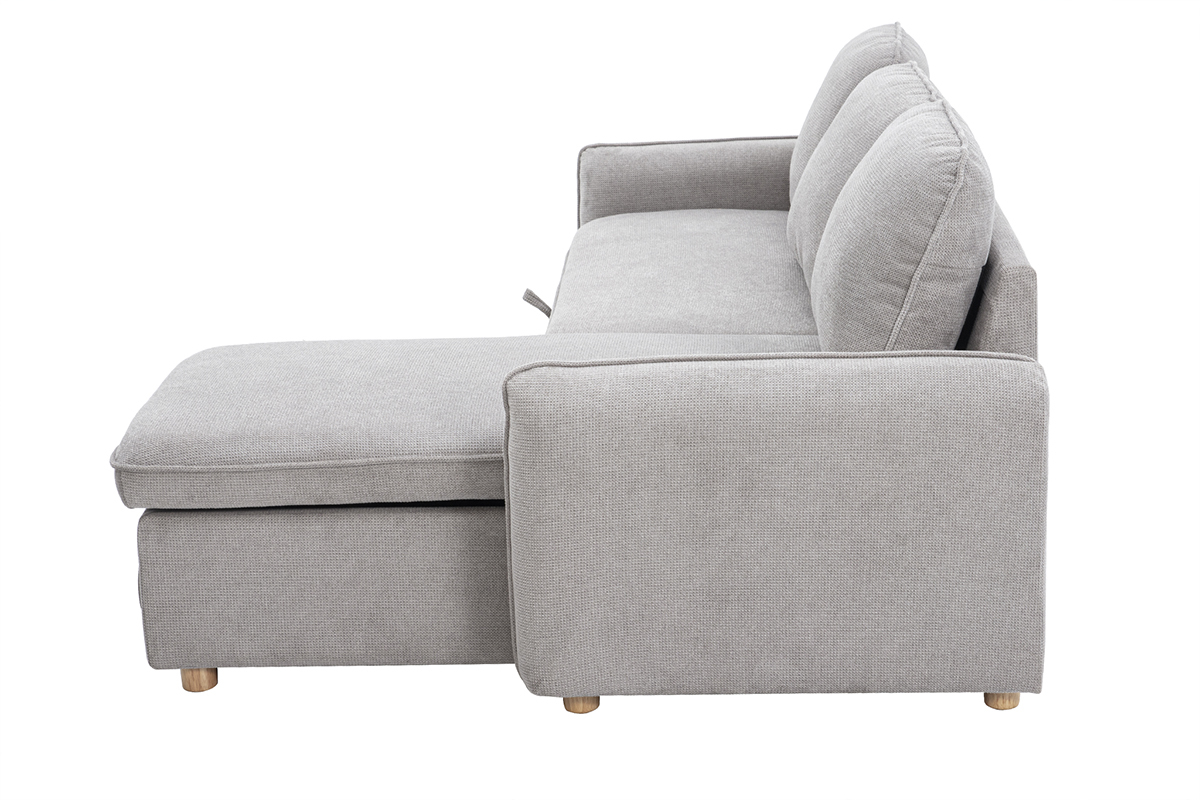 Sof esquinero convertible reversible con arcn 3 plazas en tela efecto terciopelo texturizado gris y madera clara ORSO