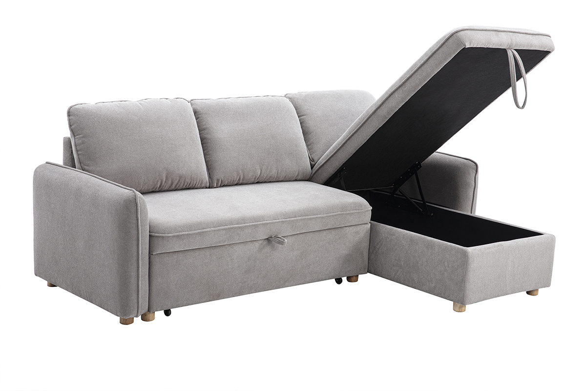 Sof esquinero convertible reversible con arcn 3 plazas en tela efecto terciopelo texturizado gris y madera clara ORSO