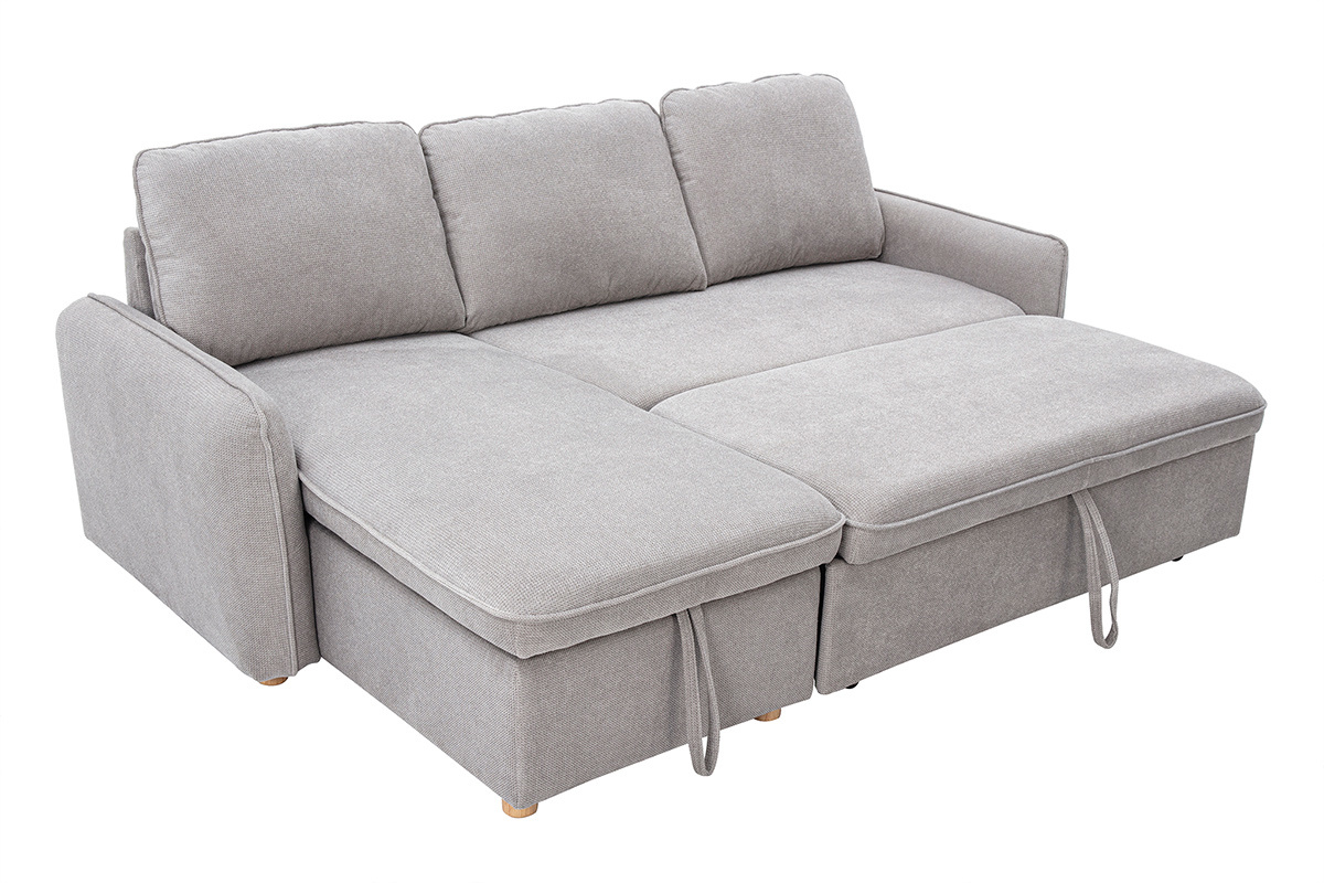 Sof esquinero convertible reversible con arcn 3 plazas en tela efecto terciopelo texturizado gris y madera clara ORSO