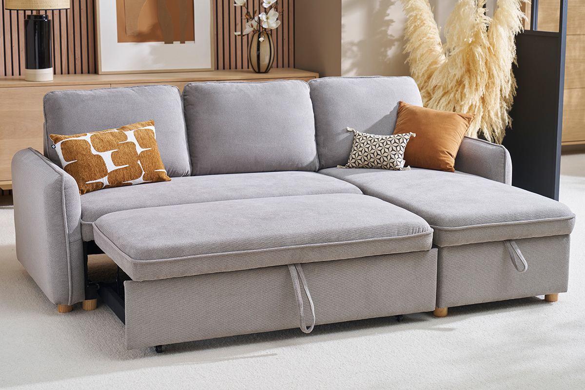 Sof esquinero convertible reversible con arcn 3 plazas en tela efecto terciopelo texturizado gris y madera clara ORSO