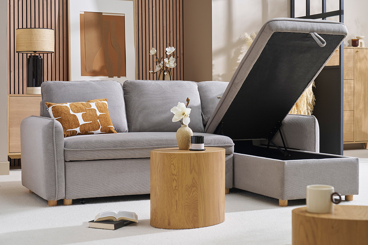 Sof esquinero convertible reversible con arcn 3 plazas en tela efecto terciopelo texturizado gris y madera clara ORSO