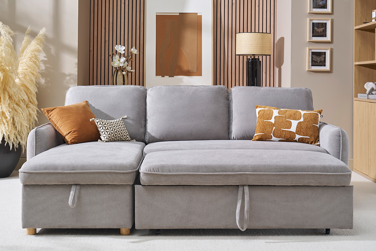 Sof esquinero convertible reversible con arcn 3 plazas en tela efecto terciopelo texturizado gris y madera clara ORSO