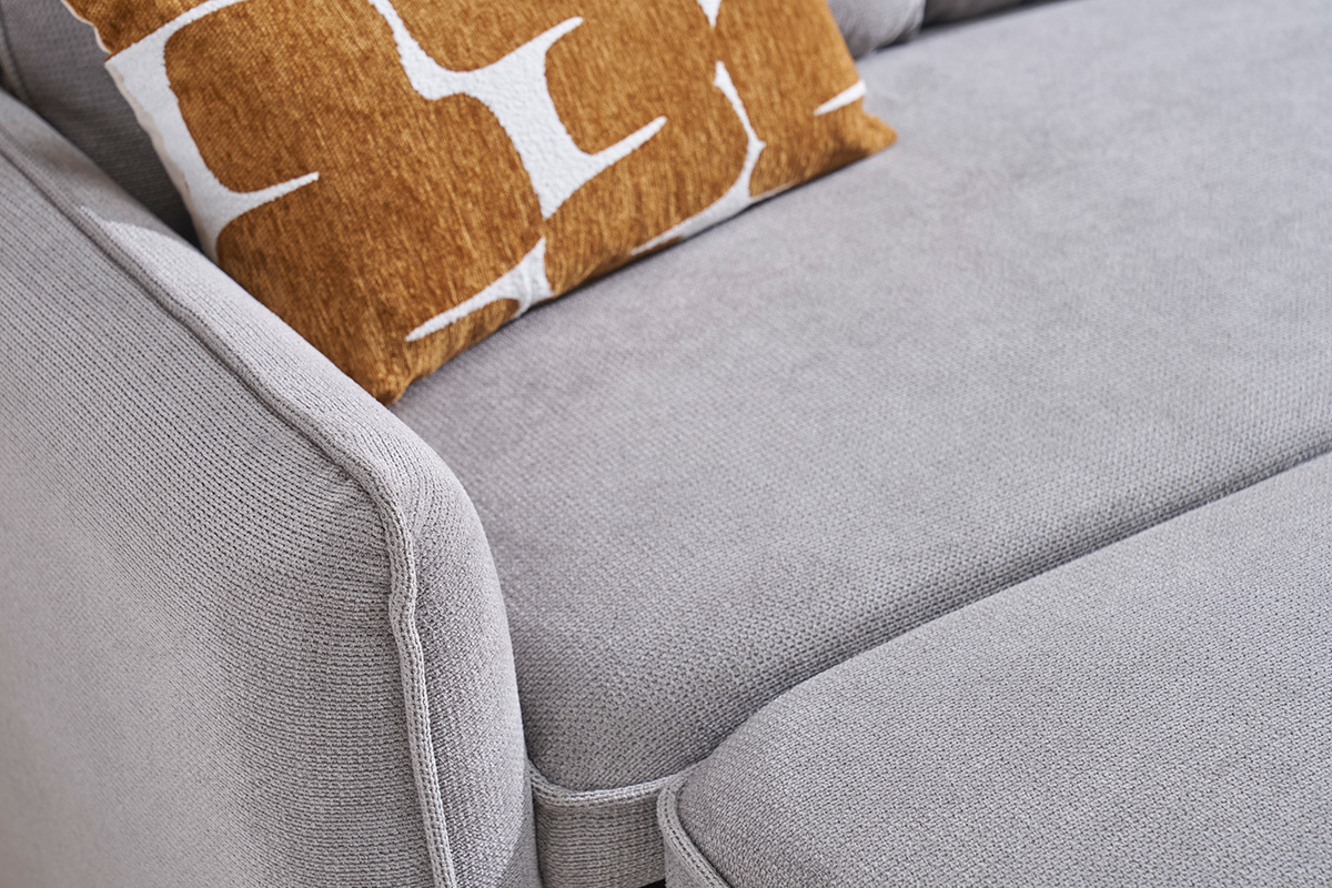 Sof esquinero convertible reversible con arcn 3 plazas en tela efecto terciopelo texturizado gris y madera clara ORSO
