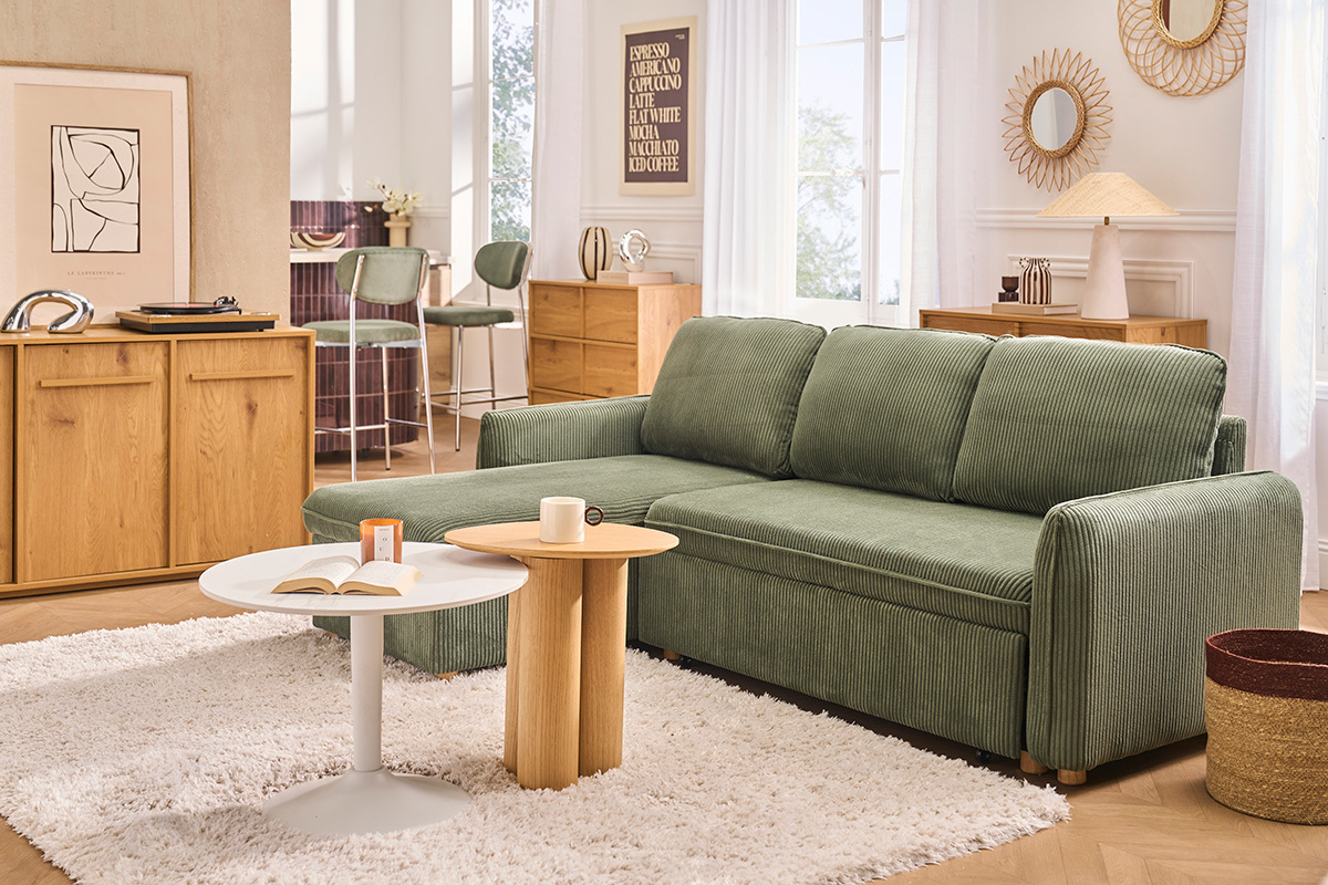 Sof� esquinero convertible reversible con arc�n de 3 plazas en tejido de terciopelo acanalado verde caqui y madera clara ORSO