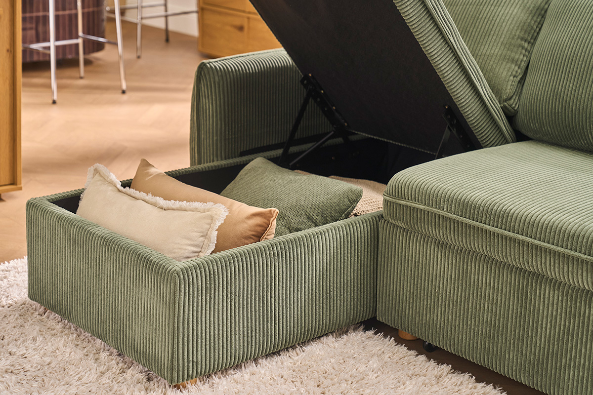 Sof� esquinero convertible reversible con arc�n de 3 plazas en tejido de terciopelo acanalado verde caqui y madera clara ORSO