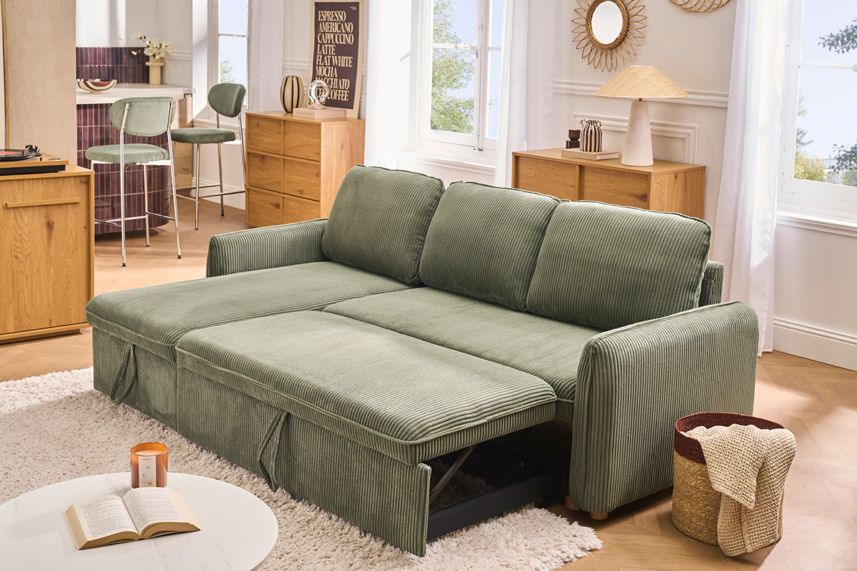 Sof� esquinero convertible reversible con arc�n de 3 plazas en tejido de terciopelo acanalado verde caqui y madera clara ORSO