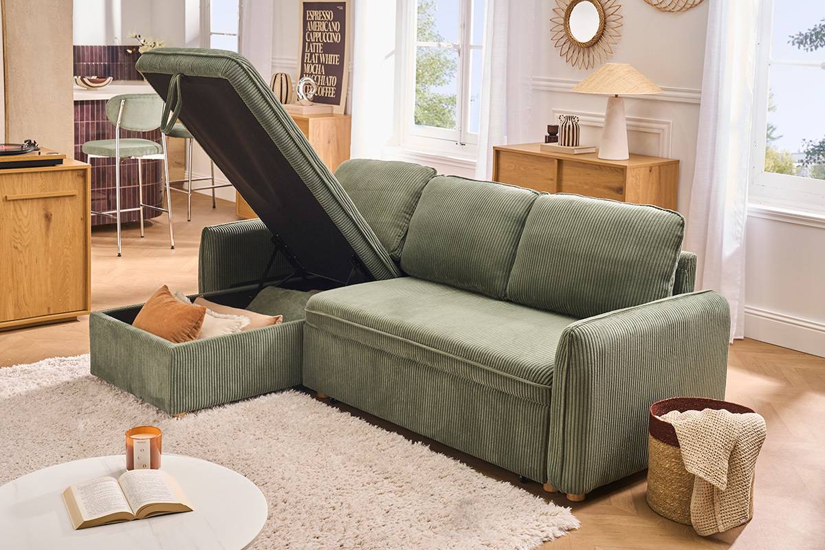 Sof� esquinero convertible reversible con arc�n de 3 plazas en tejido de terciopelo acanalado verde caqui y madera clara ORSO