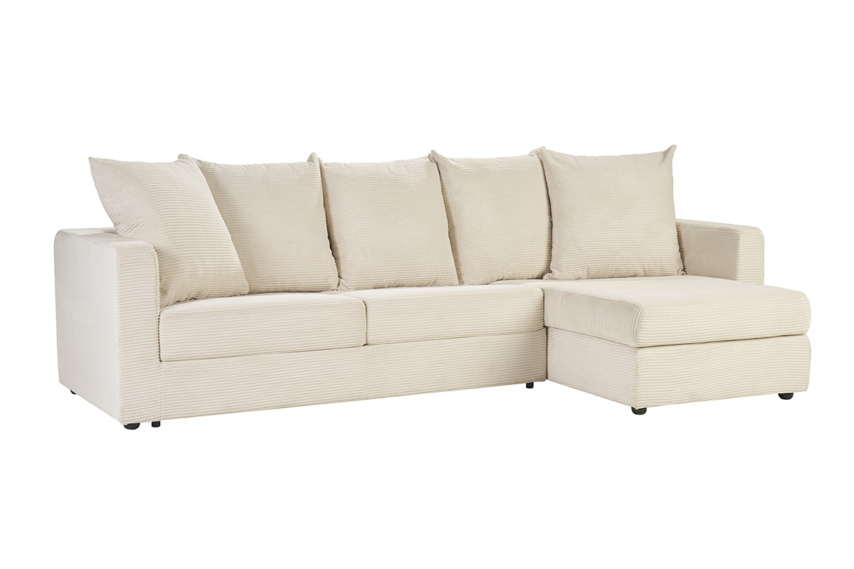 Sof esquinero derecho convertible en pana beige vista de 3/4.