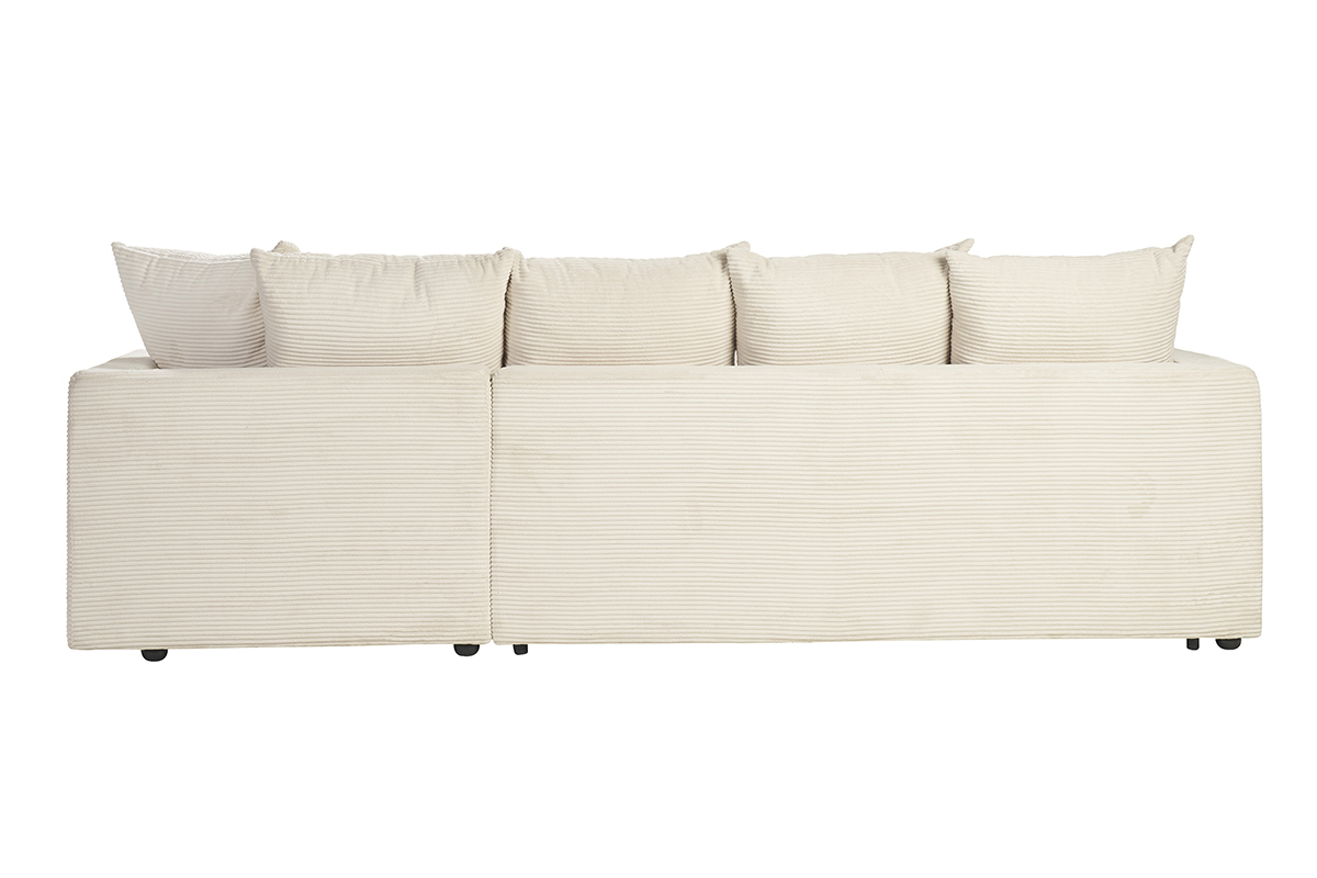 Vista trasera de un sof de esquina derecha en pana beige.