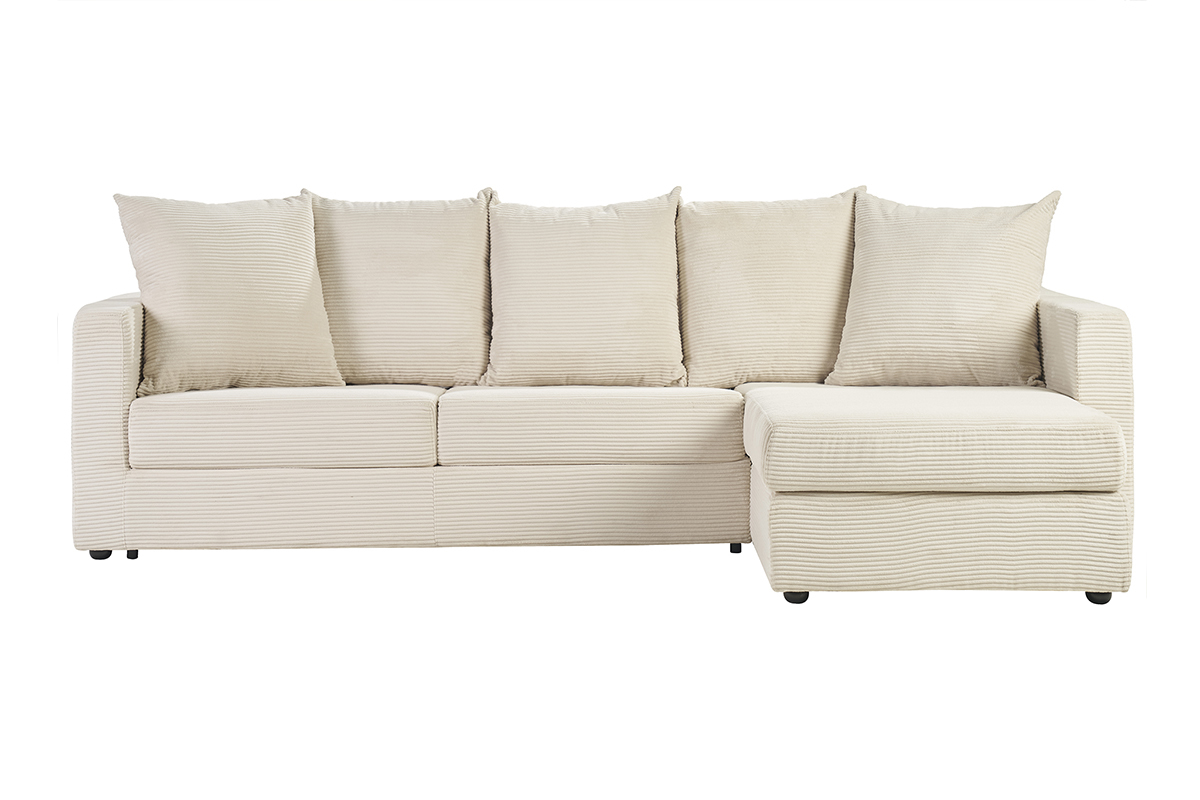 Sof esquinero derecho convertible de 4 plazas en terciopelo de pana beige vista de frente.