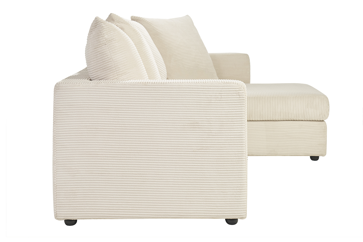 Sof de esquina derecha en pana beige, vista lateral.