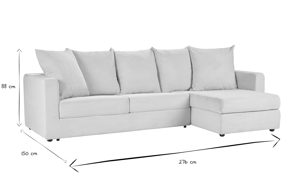 Dimensiones del sof esquinero derecho convertible BACIO en negro y blanco, L276 x P150 x H88 cm.
