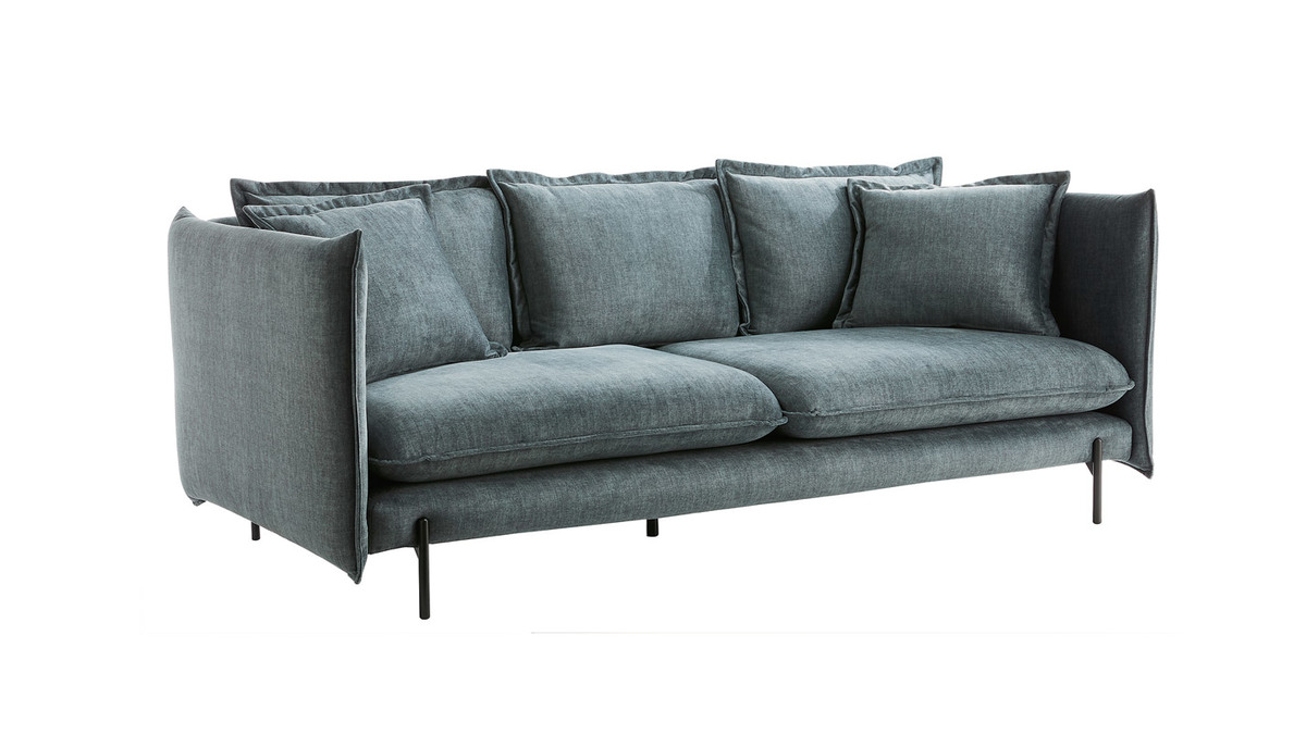 Sofá moderno 3-4 plazas de terciopelo azul grisáceo y metal negro ALMAR -  Miliboo