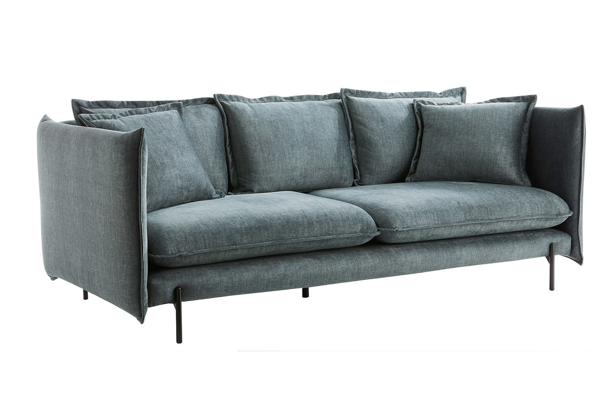 Sof moderno 3-4 plazas de terciopelo azul grisceo y metal negro ALMAR
