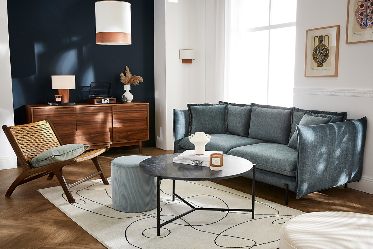 Sof moderno 3-4 plazas de terciopelo azul grisceo y metal negro ALMAR