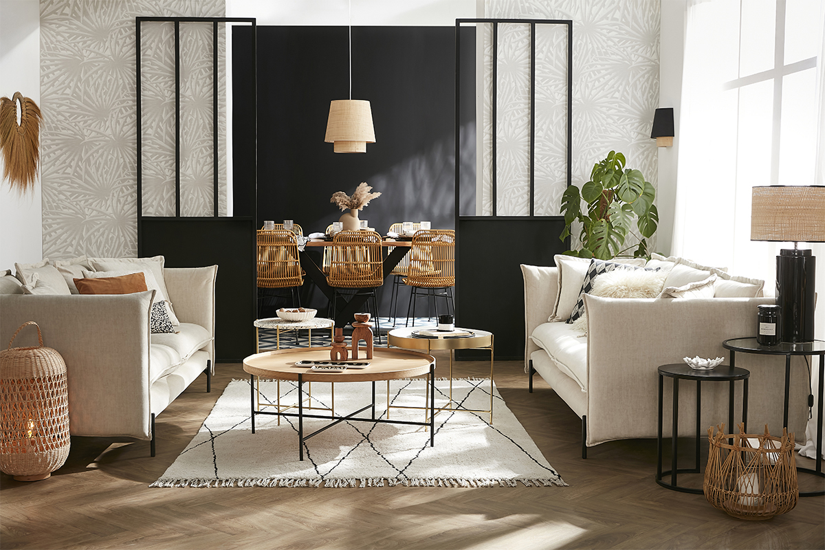 Sof moderno 3-4 plazas de terciopelo beige y metal negro ALMAR