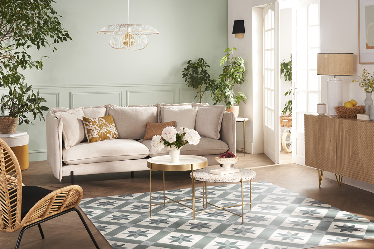 Sof moderno 3-4 plazas de terciopelo beige y metal negro ALMAR