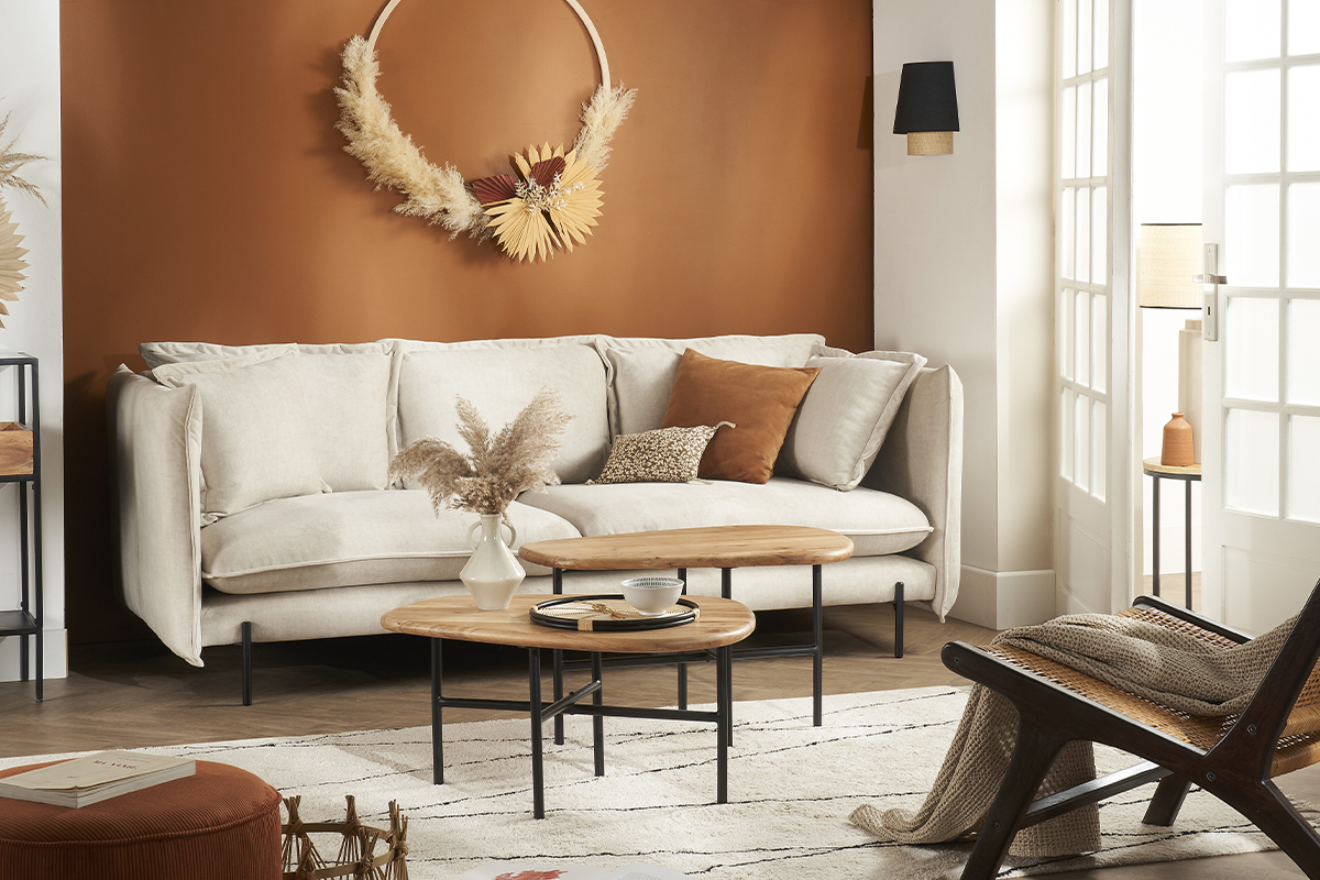 Sof moderno 3-4 plazas de terciopelo beige y metal negro ALMAR