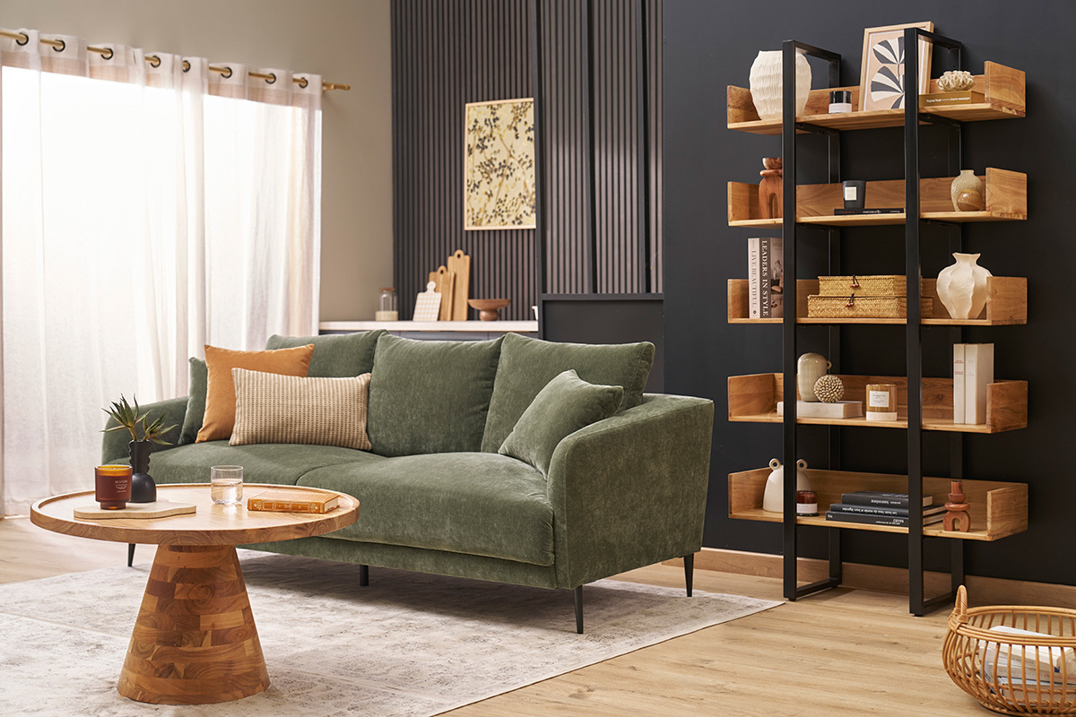 Sof moderno 3 plazas de tejido efecto aterciopelado caqui y metal negro JERRY