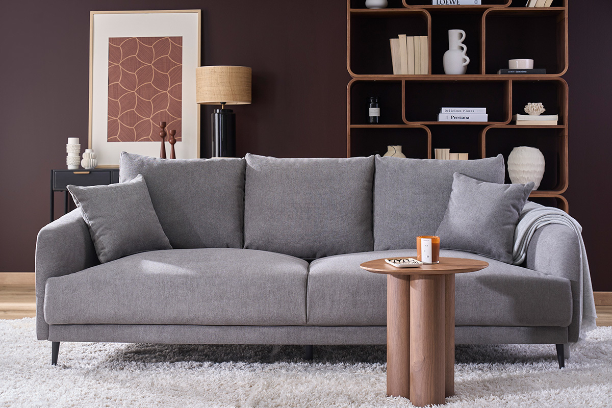 Sof� moderno 3 plazas de tejido efecto aterciopelado gris y metal negro JERRY