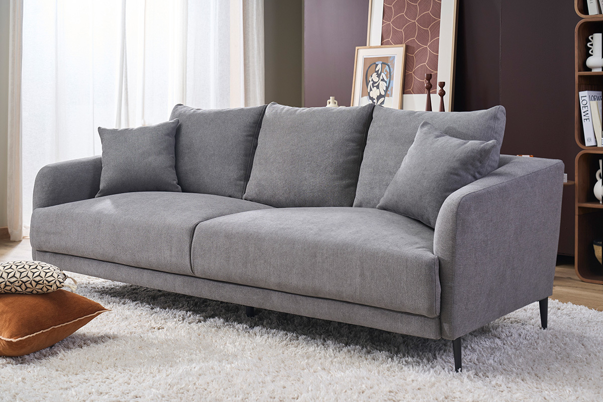 Sof� moderno 3 plazas de tejido efecto aterciopelado gris y metal negro JERRY
