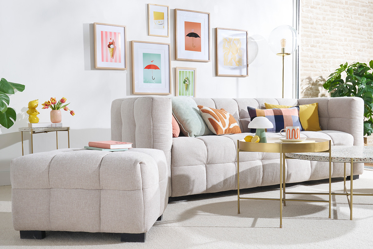 Sof moderno 3plazas de tejido efecto aterciopelado texturizado beige CORTO