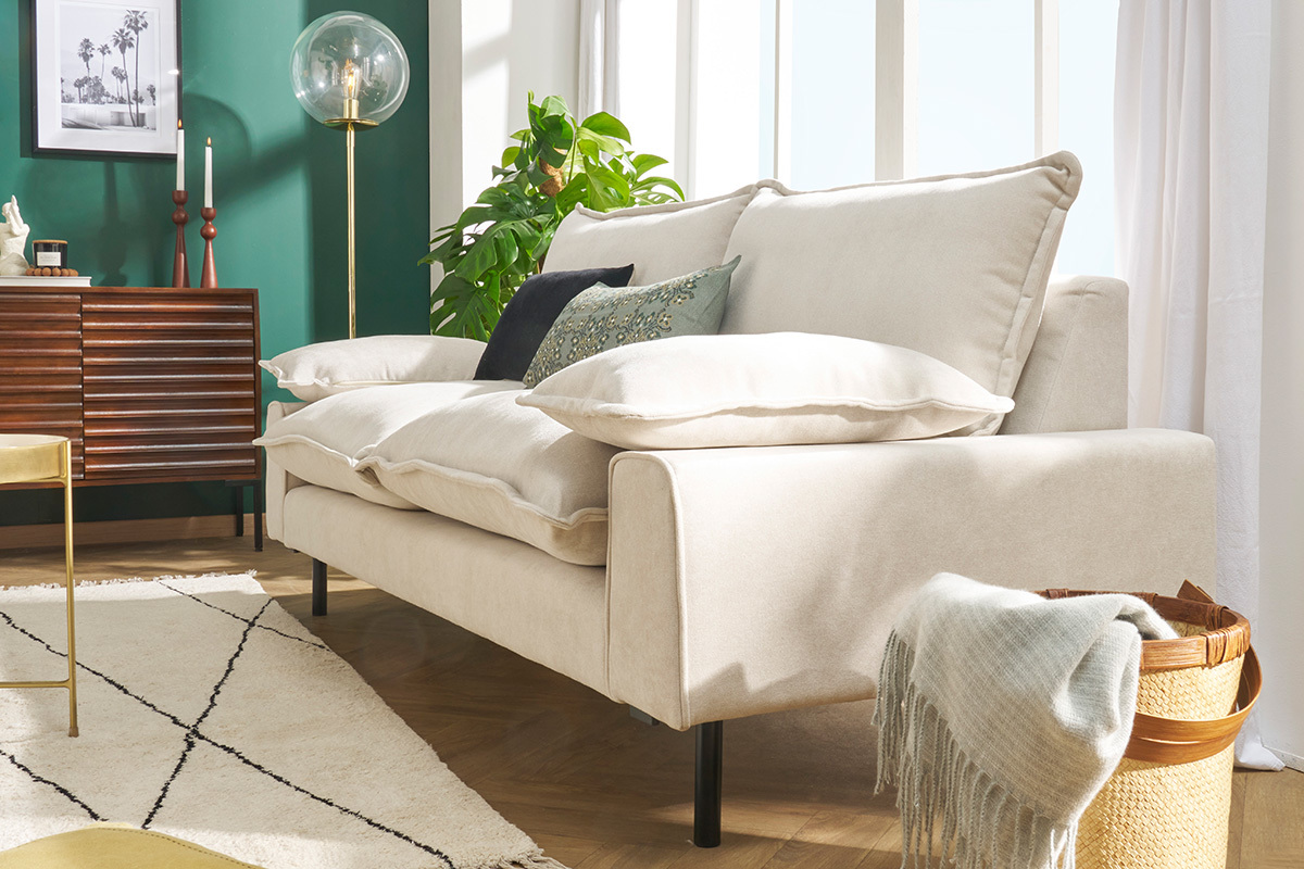 Sof moderno 3 plazas de tejido efecto aterciopelado texturizado beige y metal negro DORY