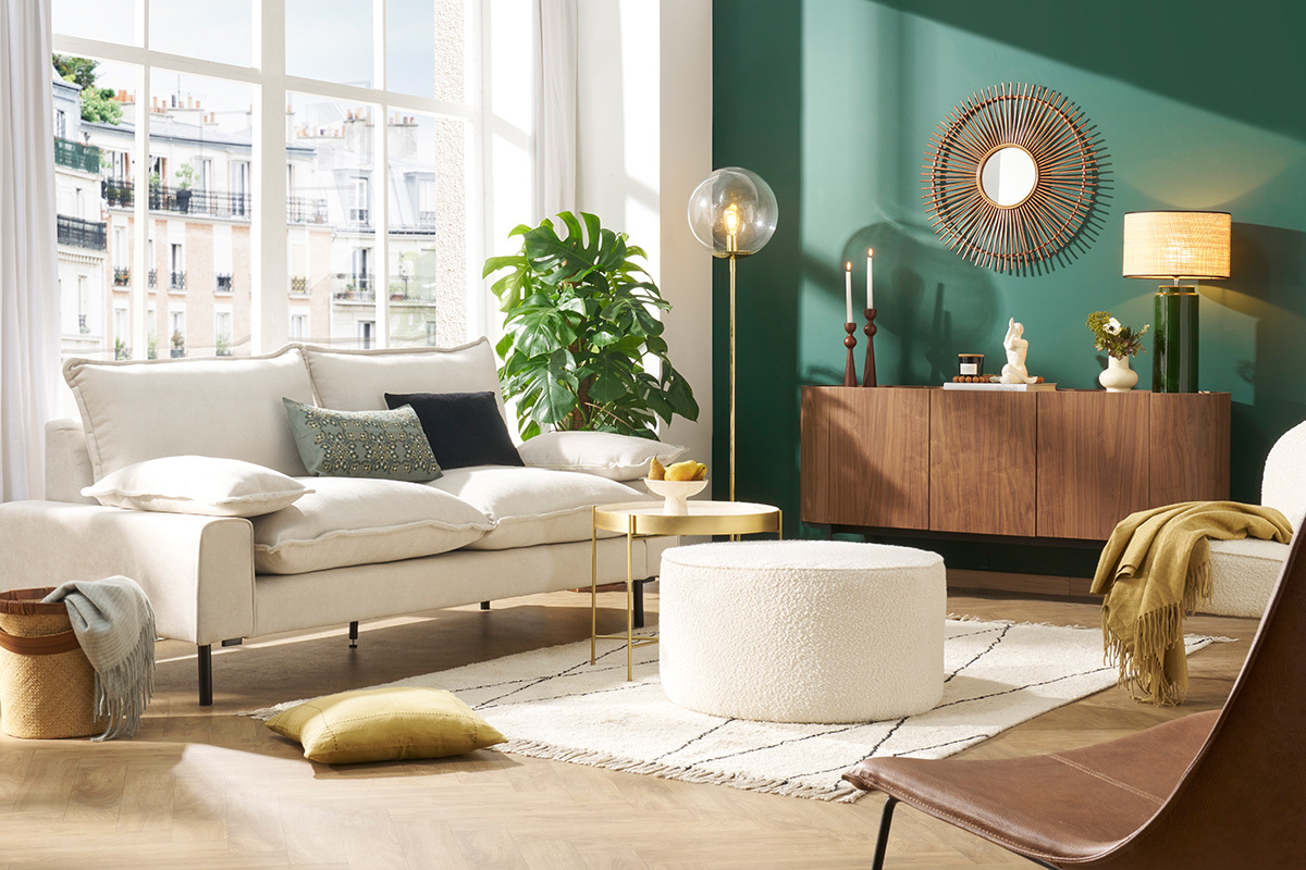 Sof moderno 3 plazas de tejido efecto aterciopelado texturizado beige y metal negro DORY