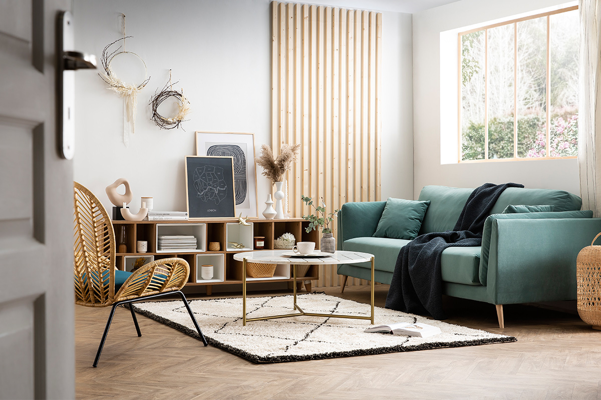 Sof moderno 3 plazas en terciopelo azul hielo VOGUE