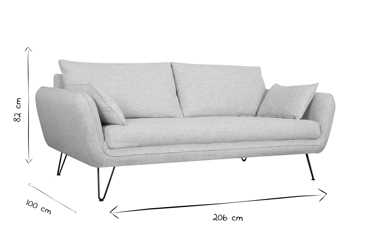 Sof moderno 3plazas gris claro con patas de metal negro CREEP