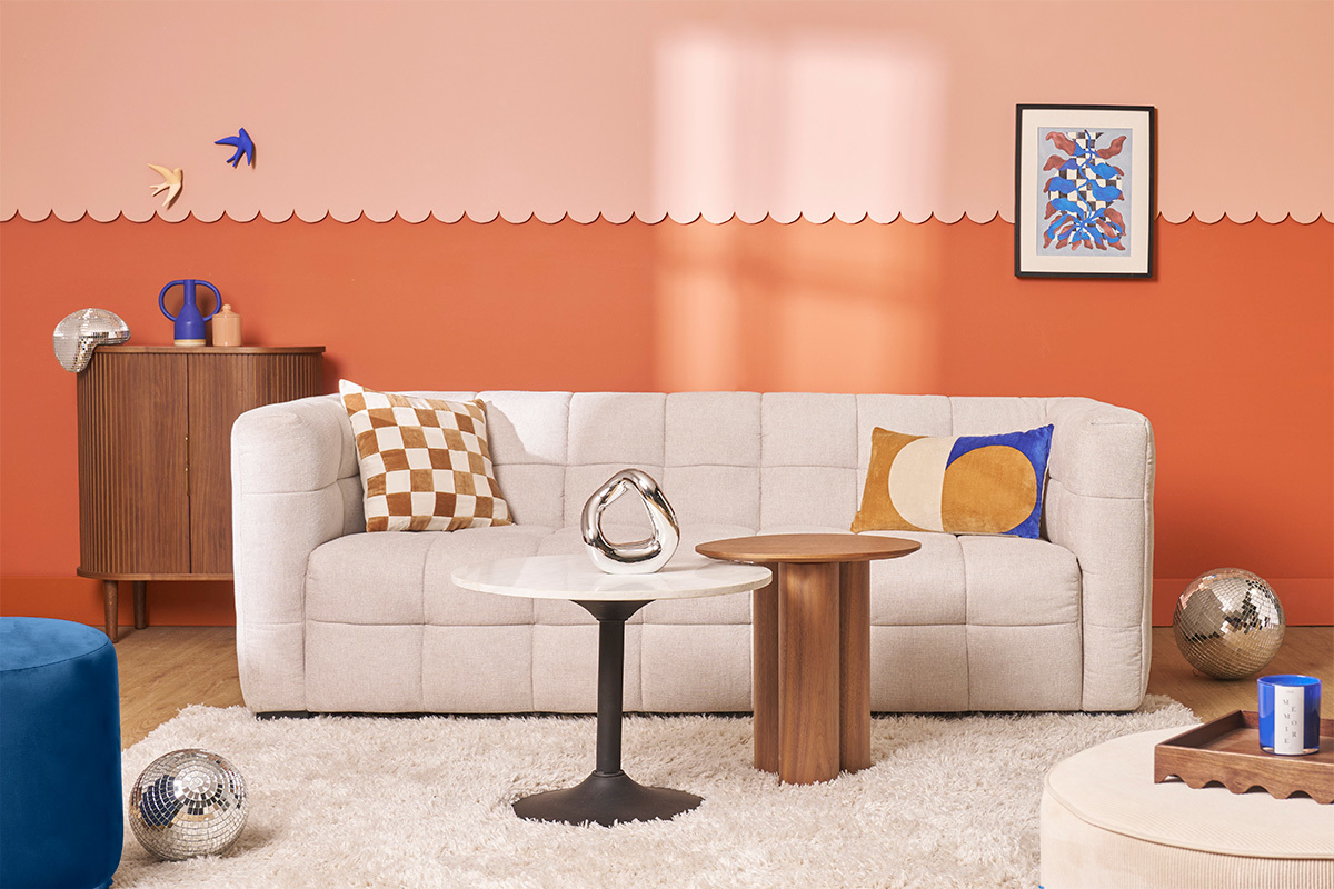 Sof moderno 3plazas y reposapis de tejido efecto aterciopelado texturizado beige CORTO