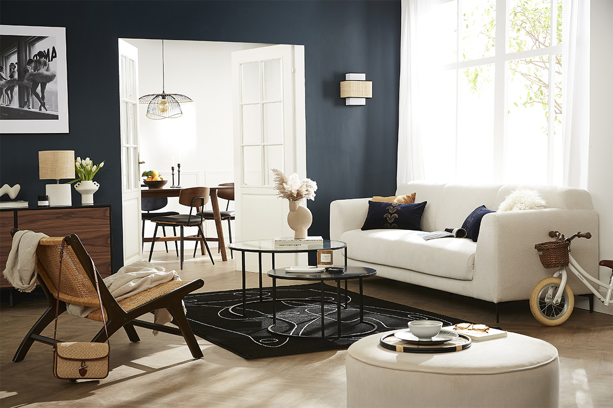 Sof moderno 4 plazas de tela beige y metal negro ALOWISS