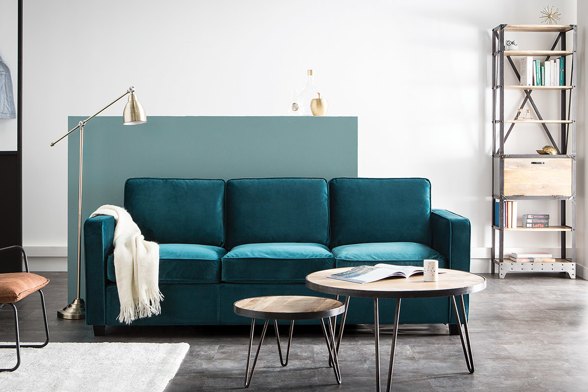 Sof moderno terciopelo azul petrleo 3 plazas BROOKLYN