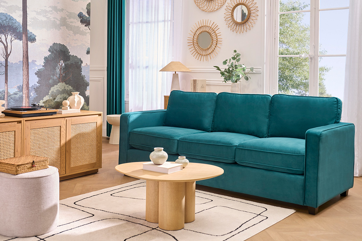Sof� moderno terciopelo azul petr�leo 3 plazas BROOKLYN